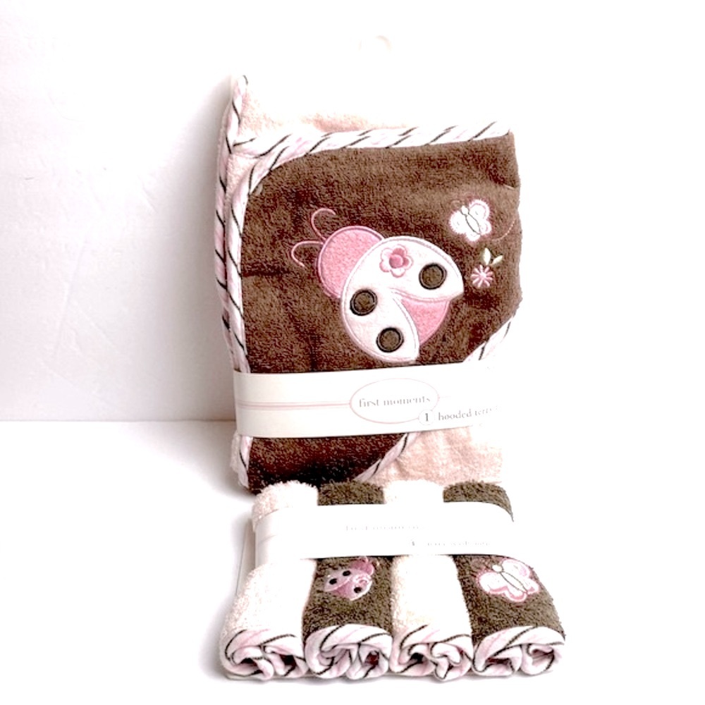 First Moments 1 Hooded Terry Towel 30X30 and 4 Terry Washcloths 100% Cotton
